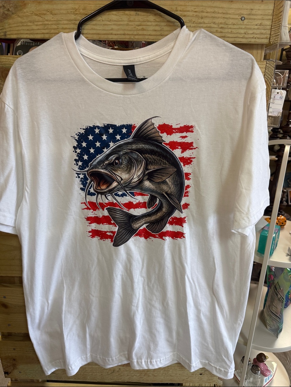 Gildan White T-Shirt with Catfish and American Flag Graphic